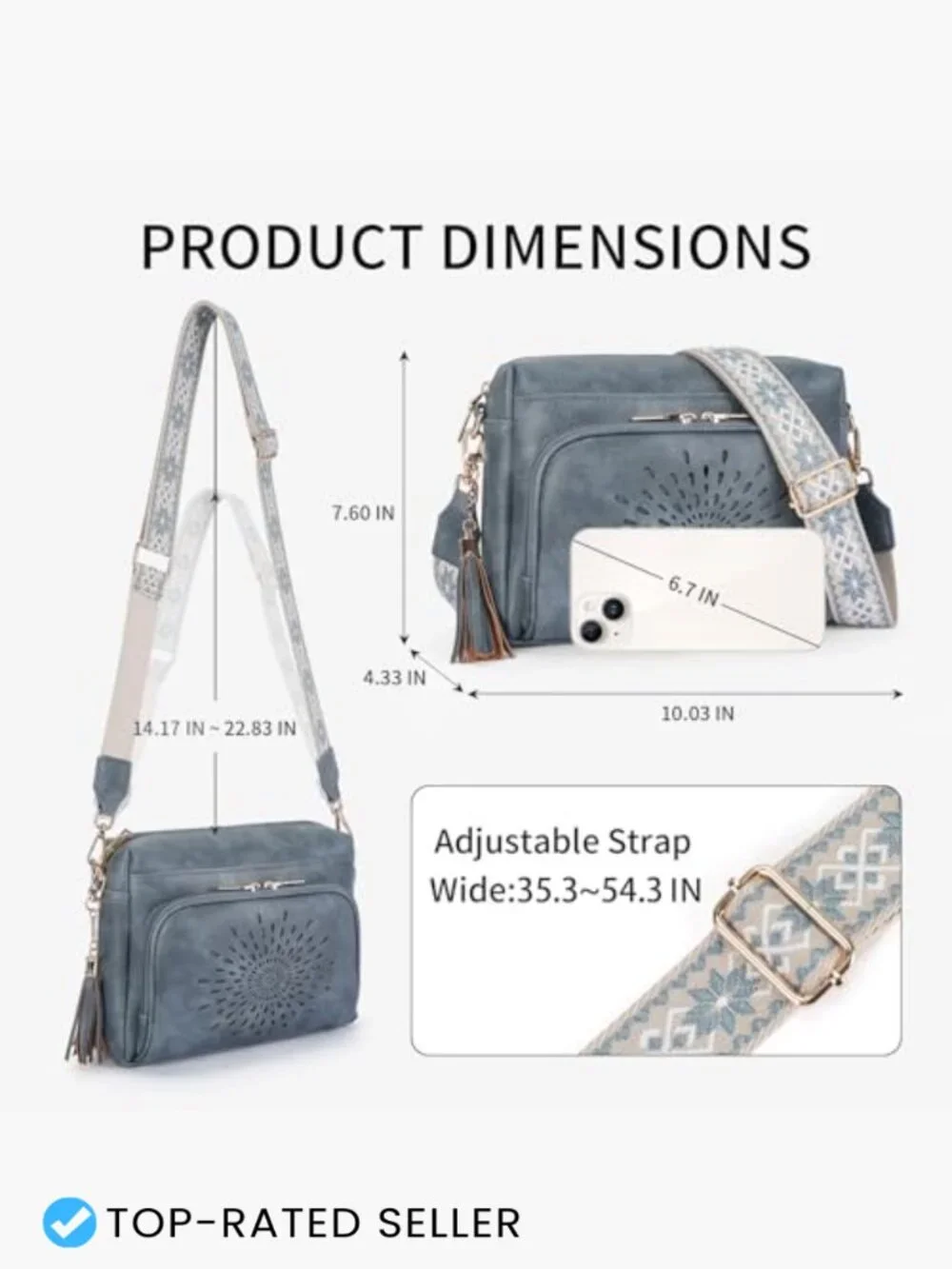 Vegan Leather Sling Bag Women Adjustable Crossbody Purse 3 Zipper Pockets